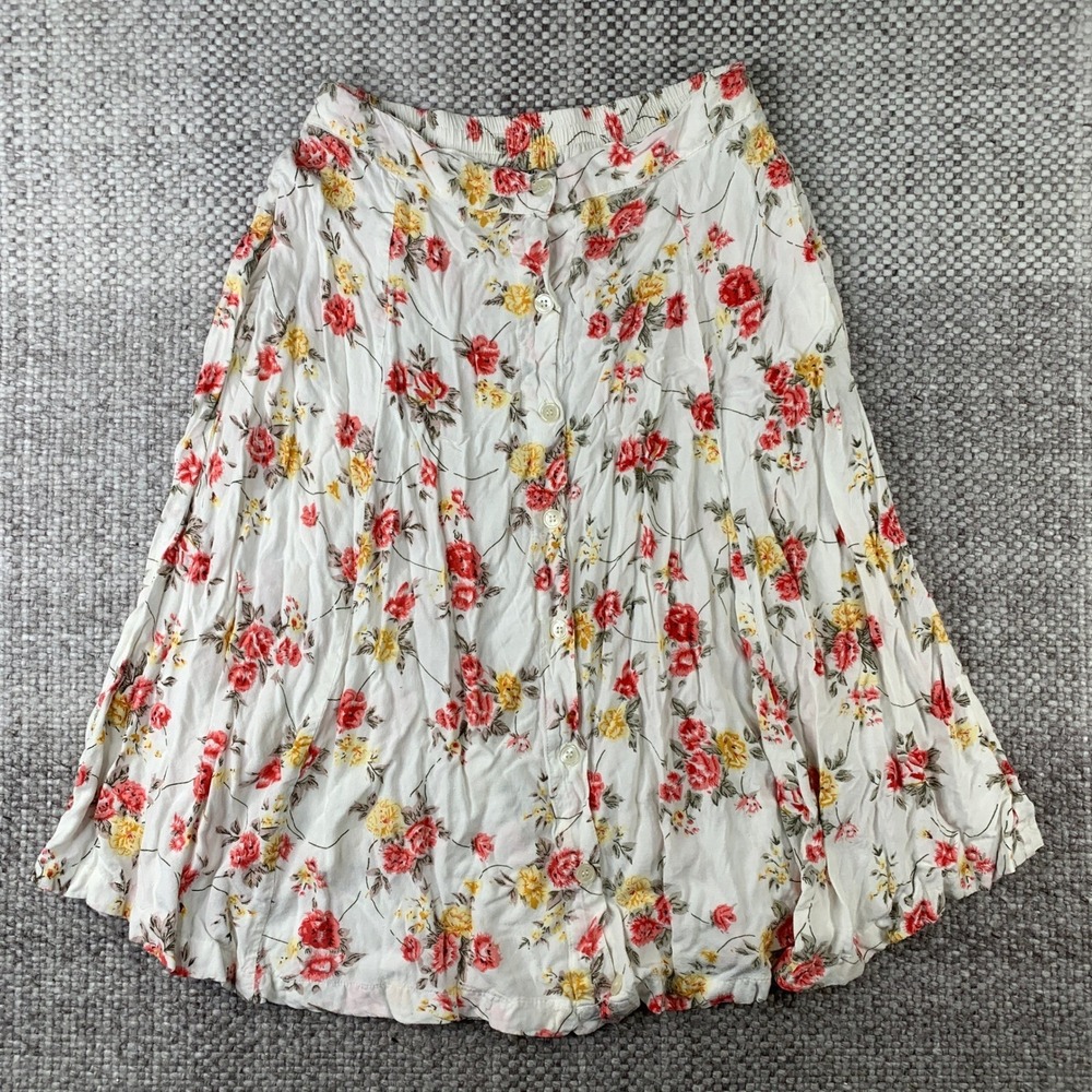 Short Circuit Floral Midi Skirt Womens Large White Red Yellow Button Front Rayon